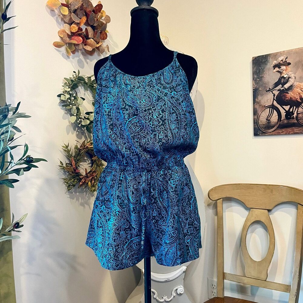 Forever 21 Boho-Chic Paisley Romper Teal & Black Romantic Maximalist Style Med